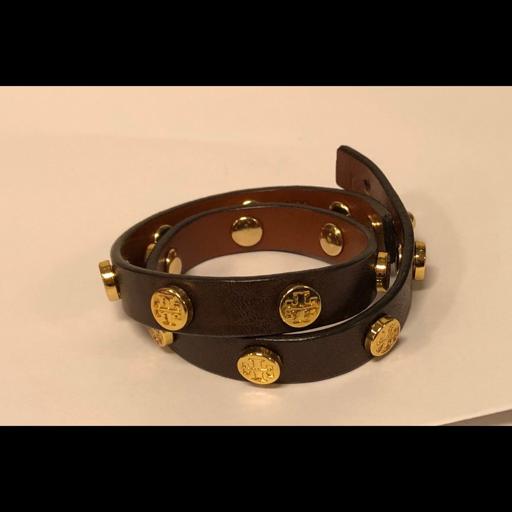 Tory Burch leather double wrap logo stud bracelet